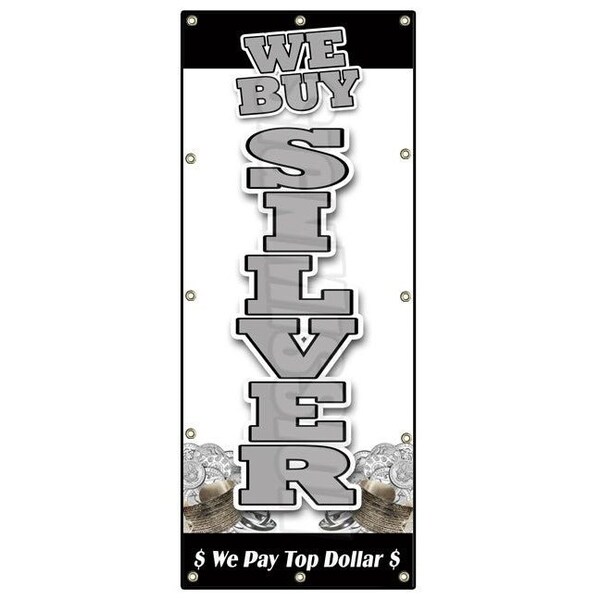 WE BUY SILVER VERTICAL BANNER SIGN gold appraisals precious stone rings